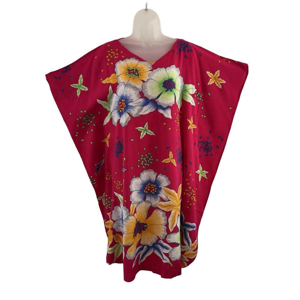Batik Keris Kaftan Dress Womens One Size Pink Floral Viscose Tropical Midi